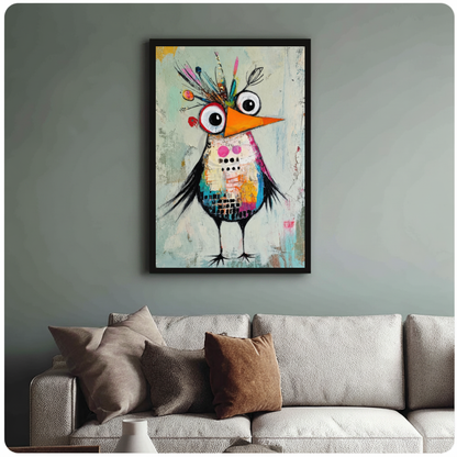 Framed quirky collage crowned bird canvas above a neutral sofa with cushions against a muted wall.