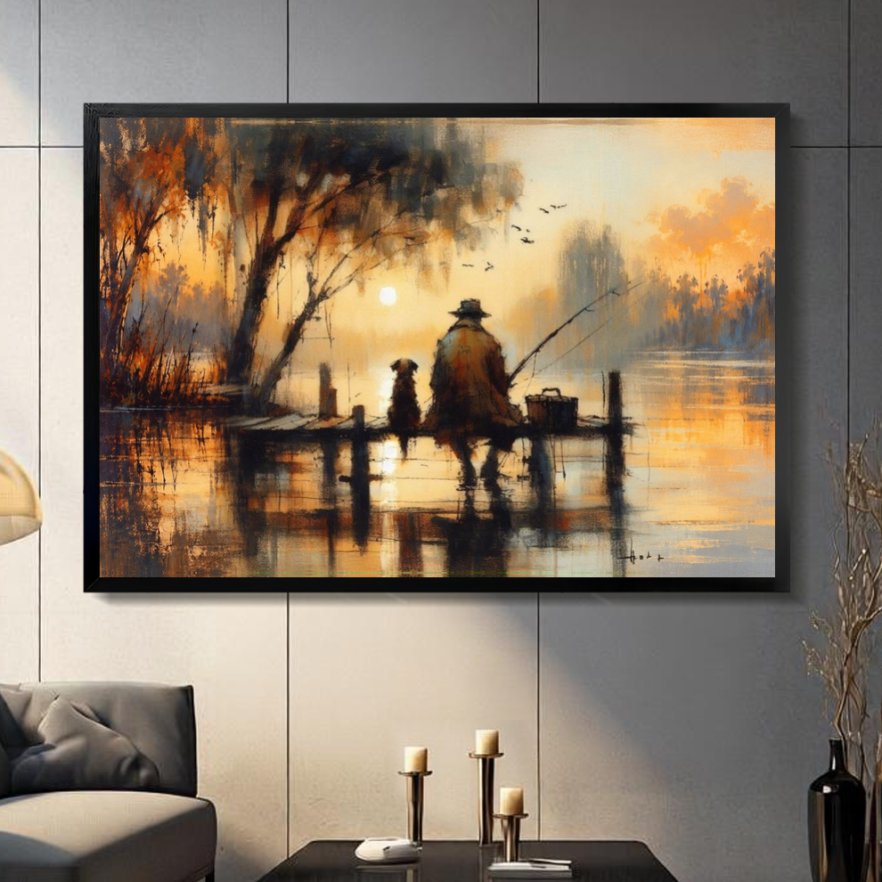 Black framed sunset fisherman and dog canvas above a console in the selected room setting.