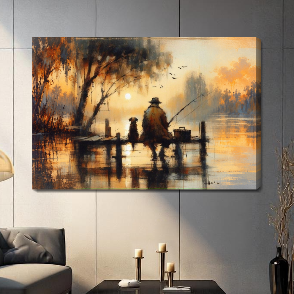 Stretched sunset fisherman and dog canvas with a shaded wrapped edge in the selected room setting.