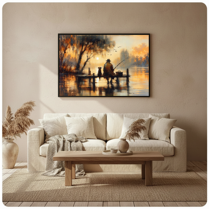 Framed sunset fisherman and dog canvas above a beige sofa beside pampas grass and a wooden table.