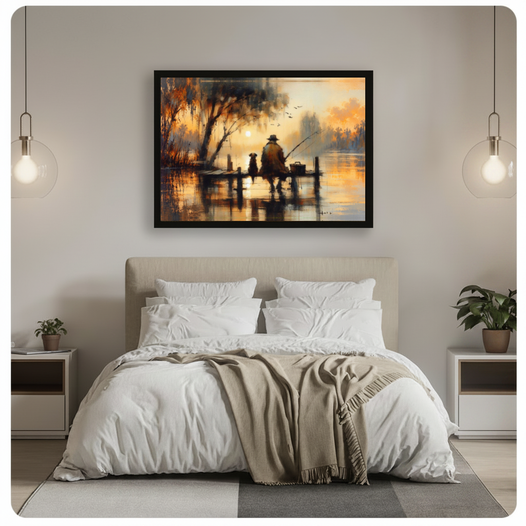 Framed sunset fisherman and dog canvas above a gray bed between two hanging lamps.