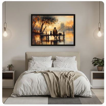 Framed sunset fisherman and dog canvas above a gray bed between two hanging lamps.