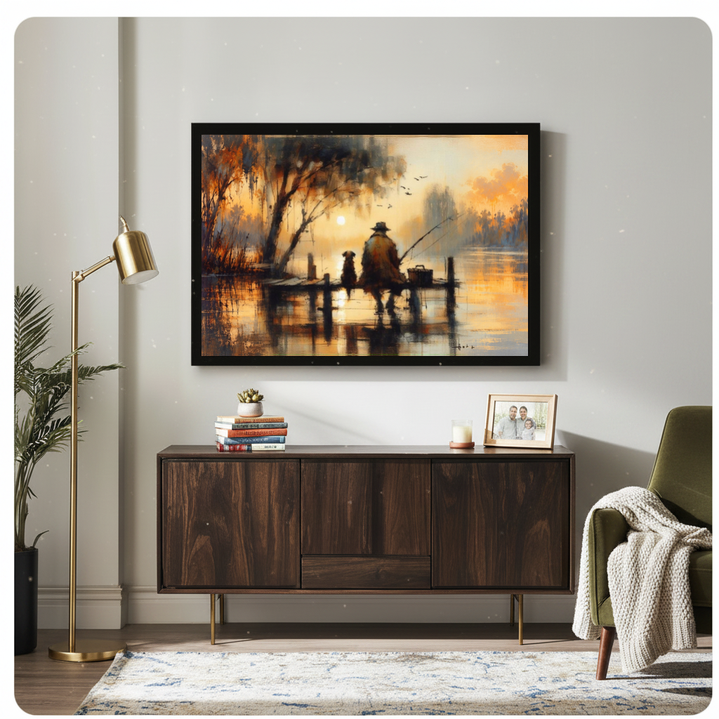 Framed sunset fisherman and dog canvas above a wooden sideboard with books and a brass lamp.