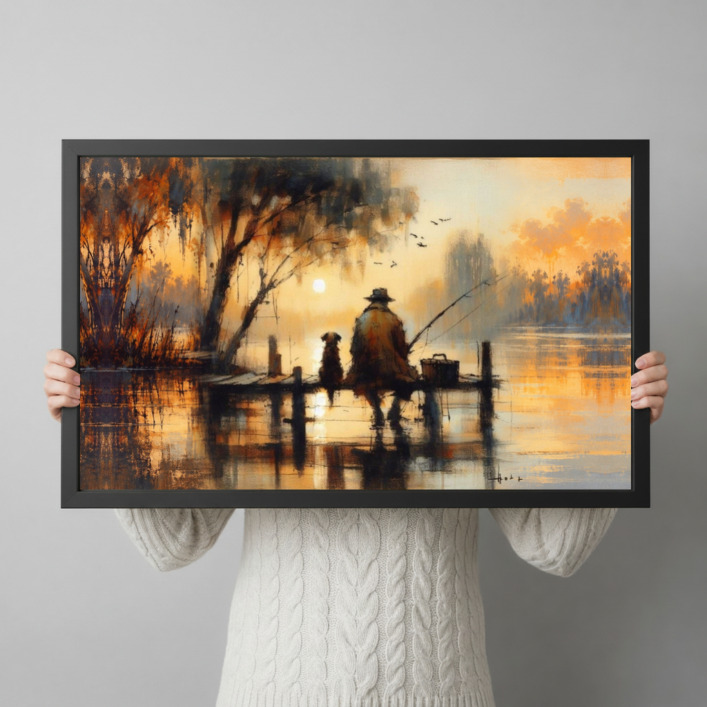 A person wearing a cream sweater holds black framed sunset fisherman and dog canvas in both hands.