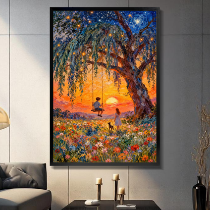Black framed sunset swing companions canvas displayed above a console in the selected room setting.