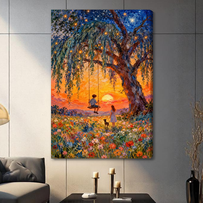 Stretched sunset swing companions canvas with a visible wrapped edge in the selected room setting.