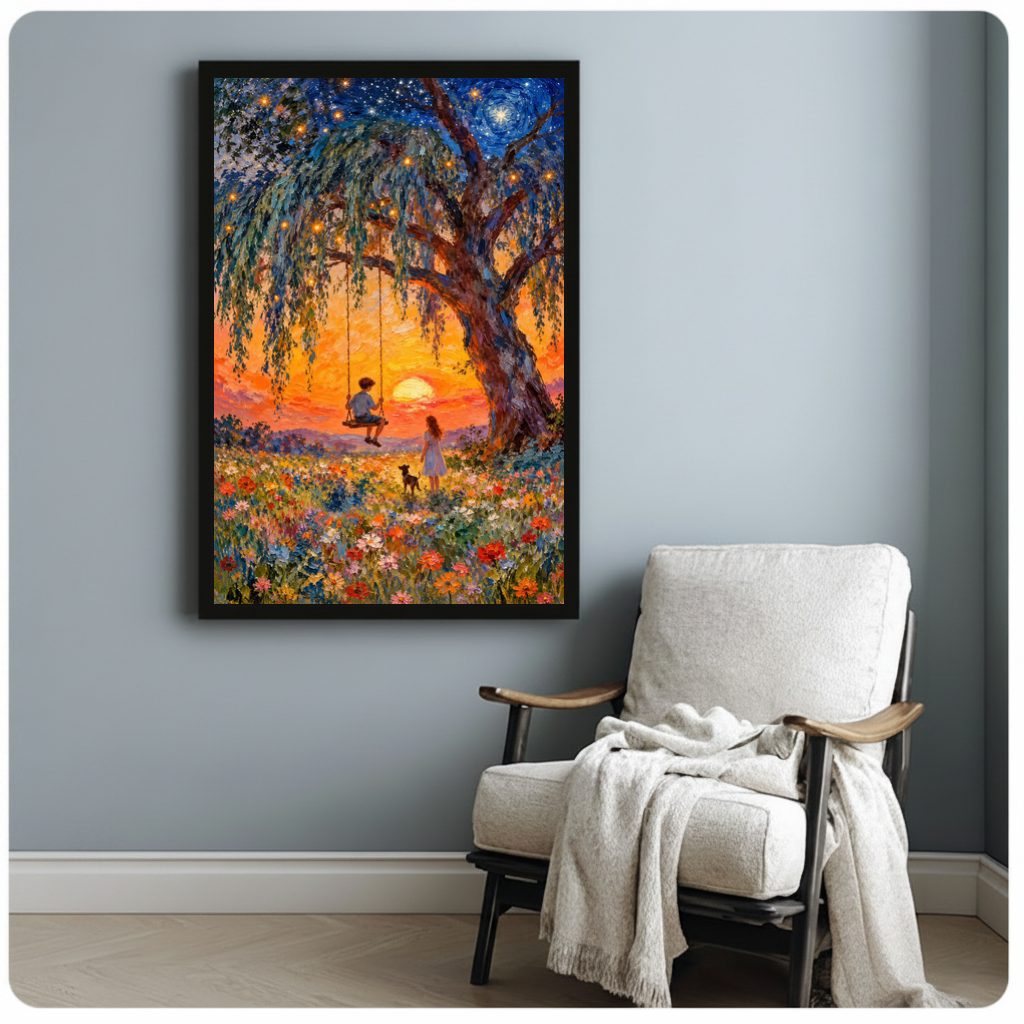 Framed sunset swing companions canvas beside a pale reading chair on a blue gray wall.