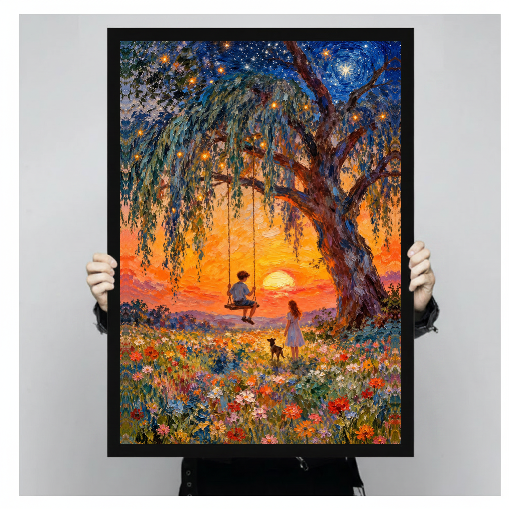 A person holds black framed sunset swing companions canvas against a light neutral background.