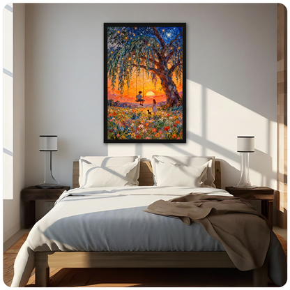 Framed sunset swing companions canvas above a neutral bed beside soft bedroom lighting and lamps.