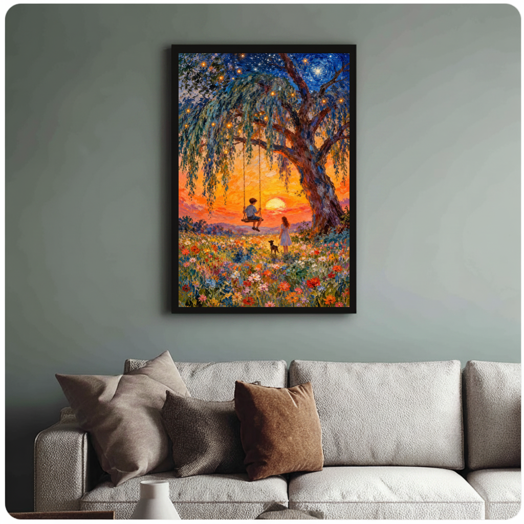 Framed sunset swing companions canvas above a neutral sofa with cushions against a muted wall.