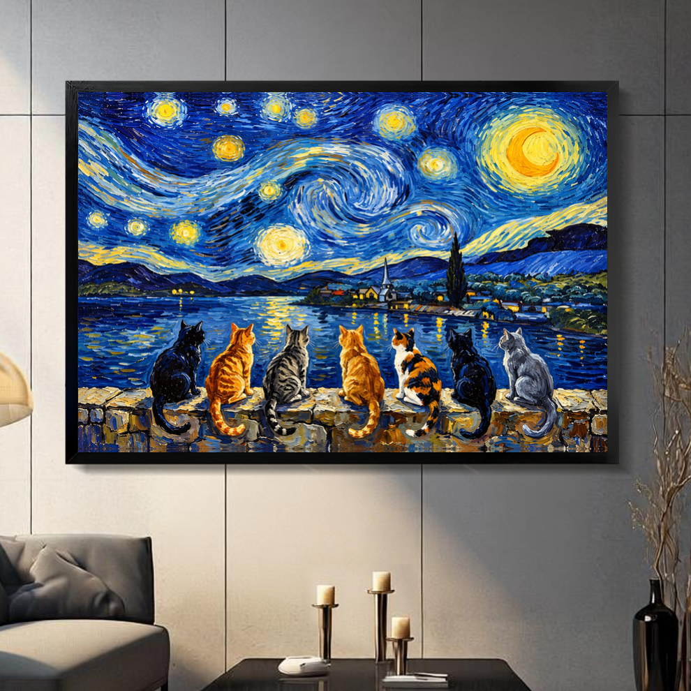 Black framed seven cats starry night canvas above a console in the selected room setting.