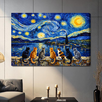 Stretched seven cats starry night canvas with a shaded wrapped edge in the selected room setting.