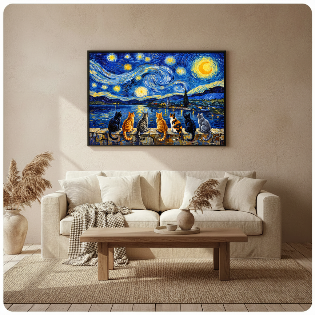 Framed seven cats starry night canvas above a beige sofa beside pampas grass and a wooden table.