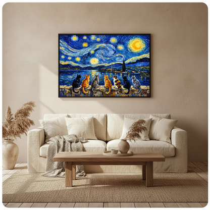 Framed seven cats starry night canvas above a beige sofa beside pampas grass and a wooden table.