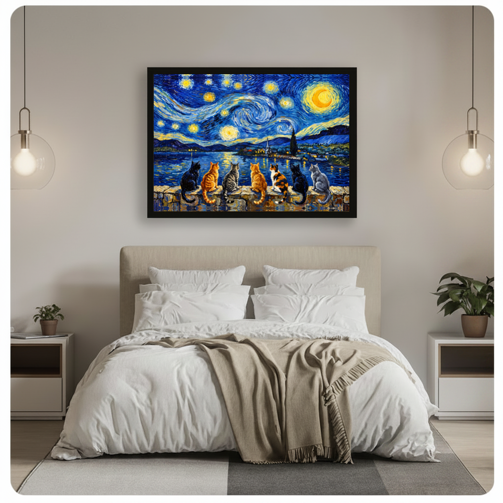 Framed seven cats starry night canvas above a gray bed between two hanging lamps.