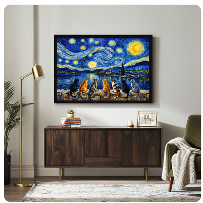 Framed seven cats starry night canvas above a wooden sideboard with books and a brass lamp.