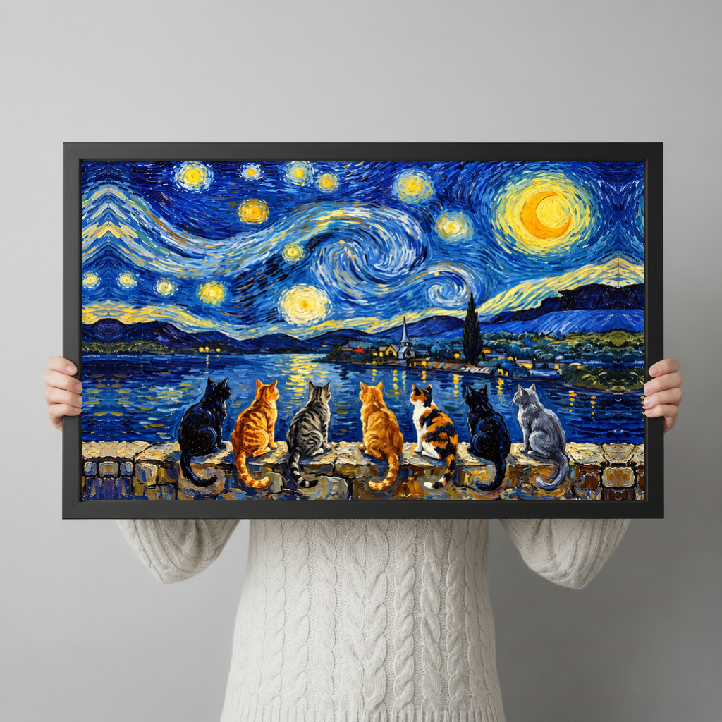 A person wearing a cream sweater holds black framed seven cats starry night canvas in both hands.