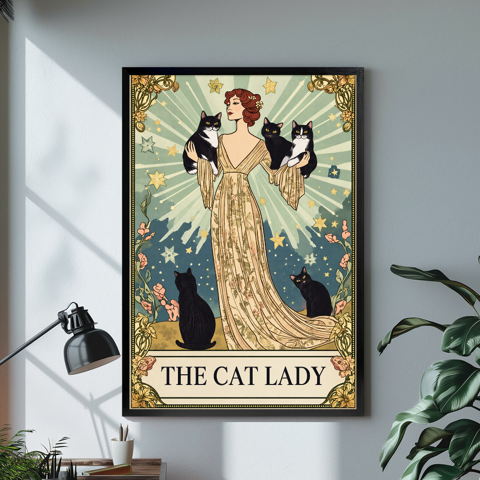 Black framed the cat lady radiant portrait canvas displayed above a console in the selected room setting.
