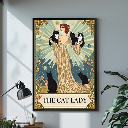 Black framed the cat lady radiant portrait canvas displayed above a console in the selected room setting.