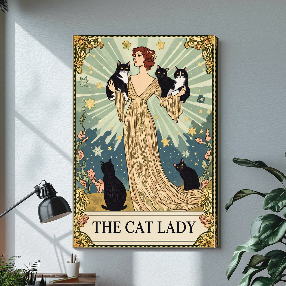 Stretched the cat lady radiant portrait canvas with a visible wrapped edge in the selected room setting.