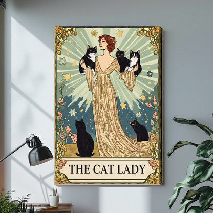Stretched the cat lady radiant portrait canvas with a visible wrapped edge in the selected room setting.