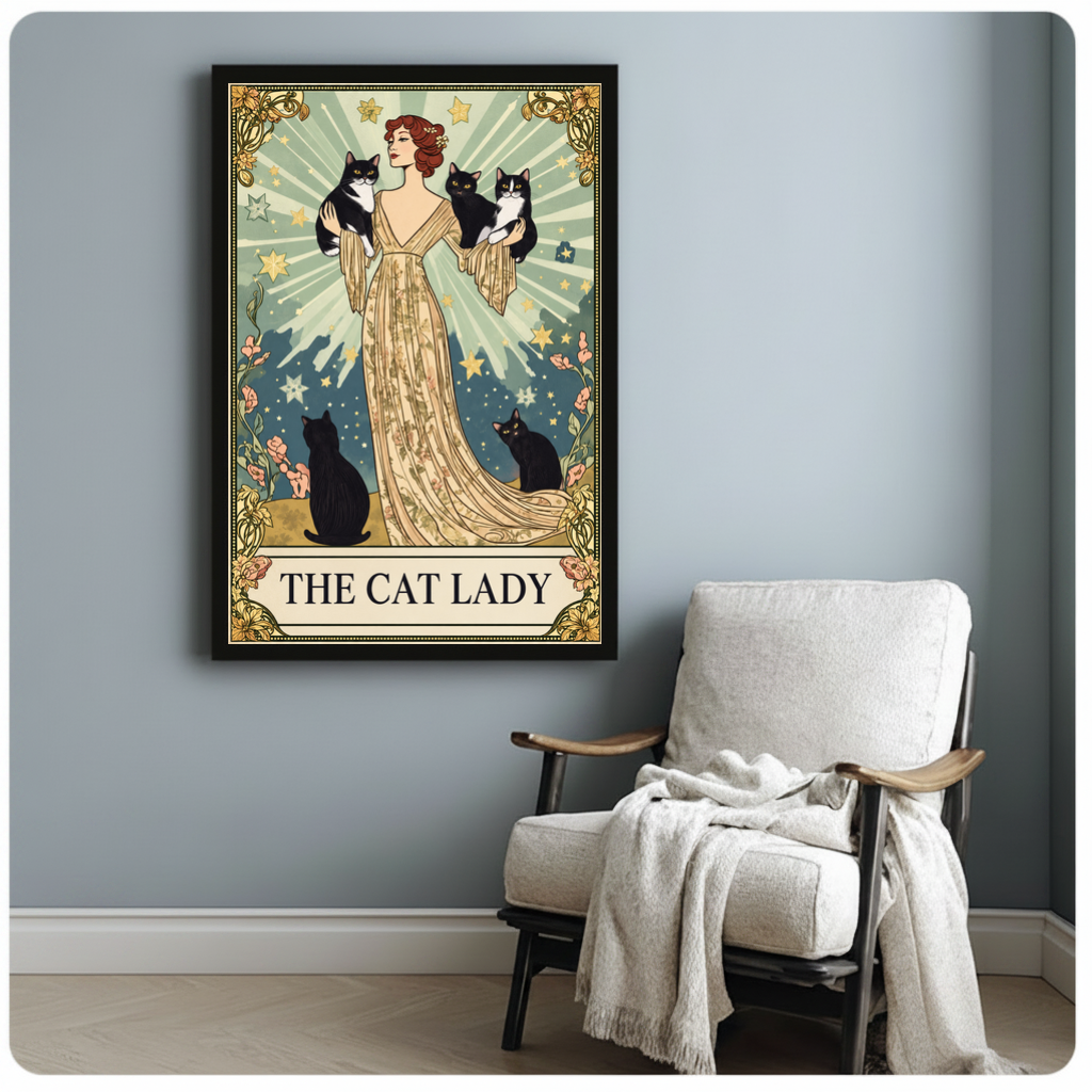 Framed the cat lady radiant portrait canvas beside a pale reading chair on a blue gray wall.