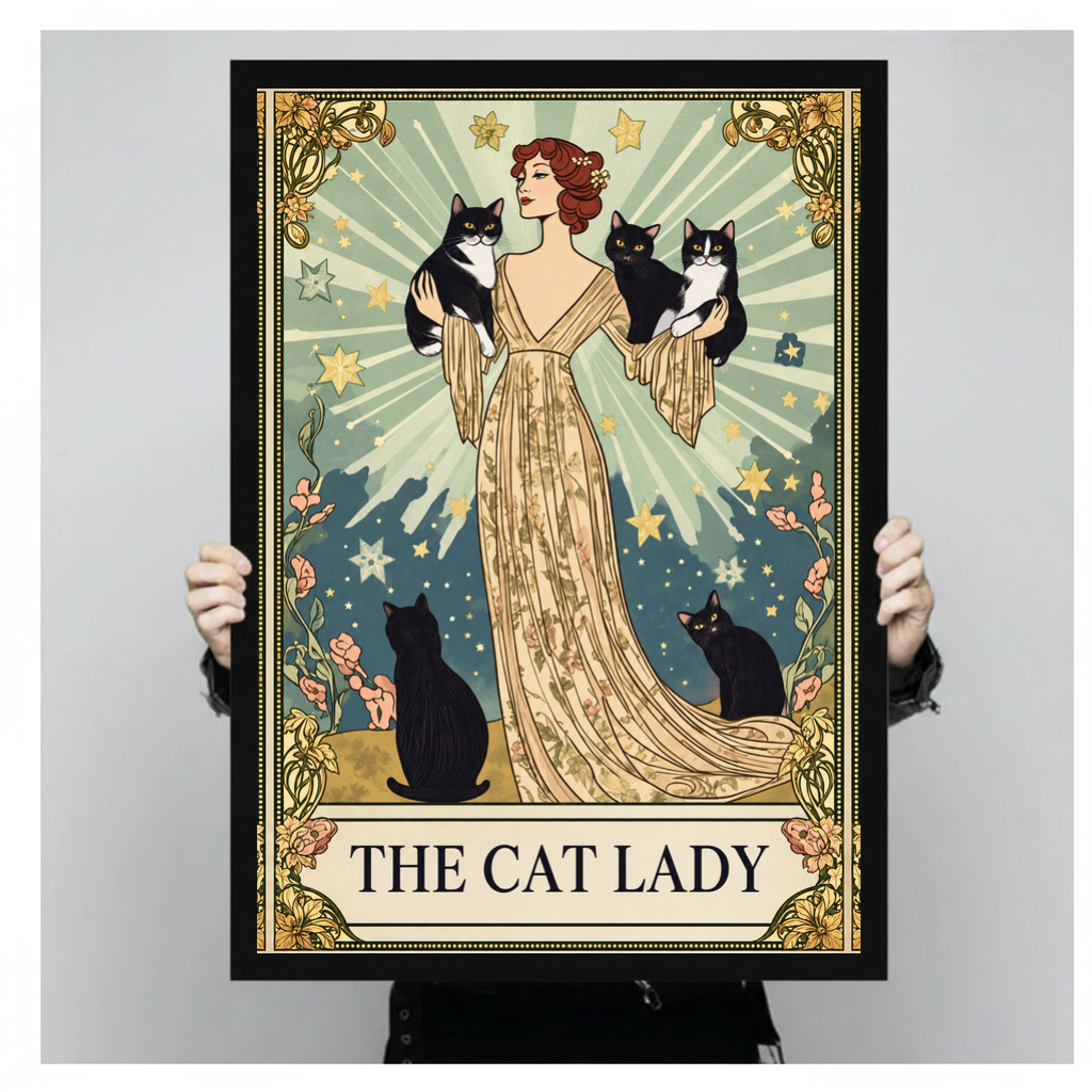 A person holds black framed the cat lady radiant portrait canvas against a light neutral background.