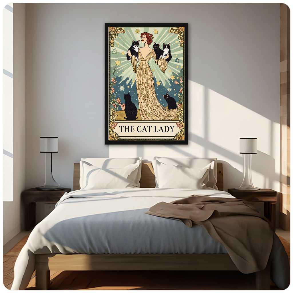 Framed the cat lady radiant portrait canvas above a neutral bed beside soft bedroom lighting and lamps.