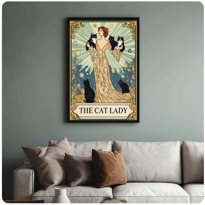 Framed the cat lady radiant portrait canvas above a neutral sofa with cushions against a muted wall.