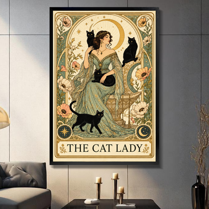 Black framed the cat lady moon portrait canvas displayed above a console in the selected room setting.
