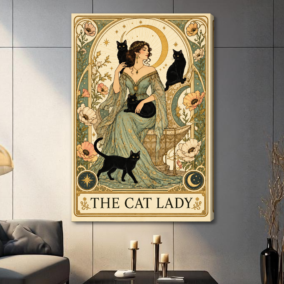 Stretched the cat lady moon portrait canvas with a visible wrapped edge in the selected room setting.
