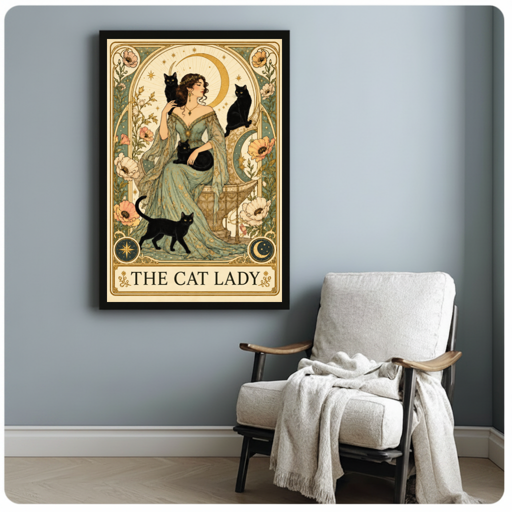 Framed the cat lady moon portrait canvas beside a pale reading chair on a blue gray wall.