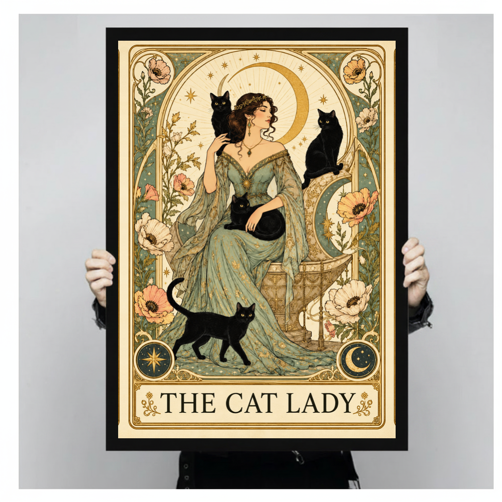 A person holds black framed the cat lady moon portrait canvas against a light neutral background.
