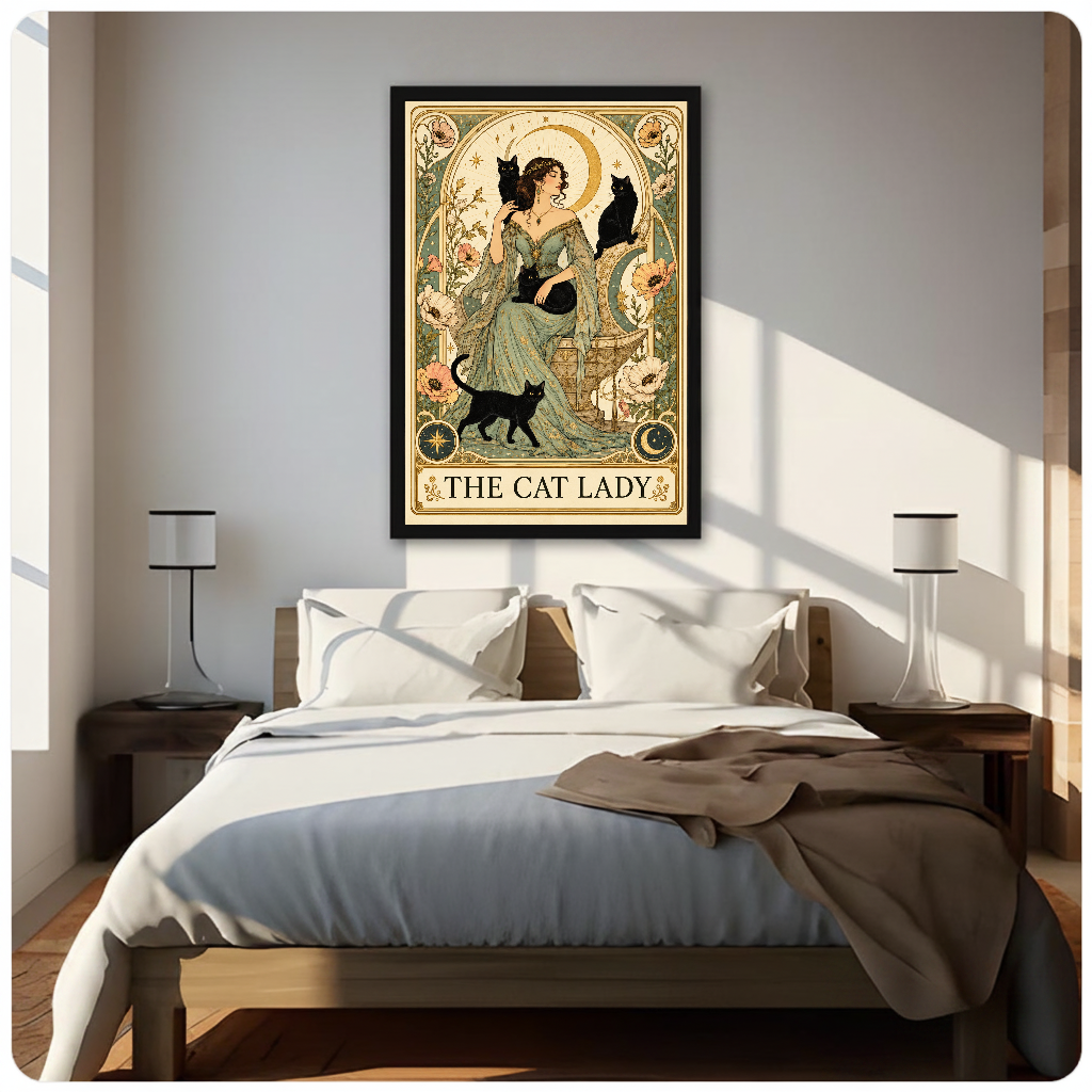 Framed the cat lady moon portrait canvas above a neutral bed beside soft bedroom lighting and lamps.