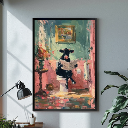 Black framed cow reading bathroom news canvas on a pale wall above a desk and plant.