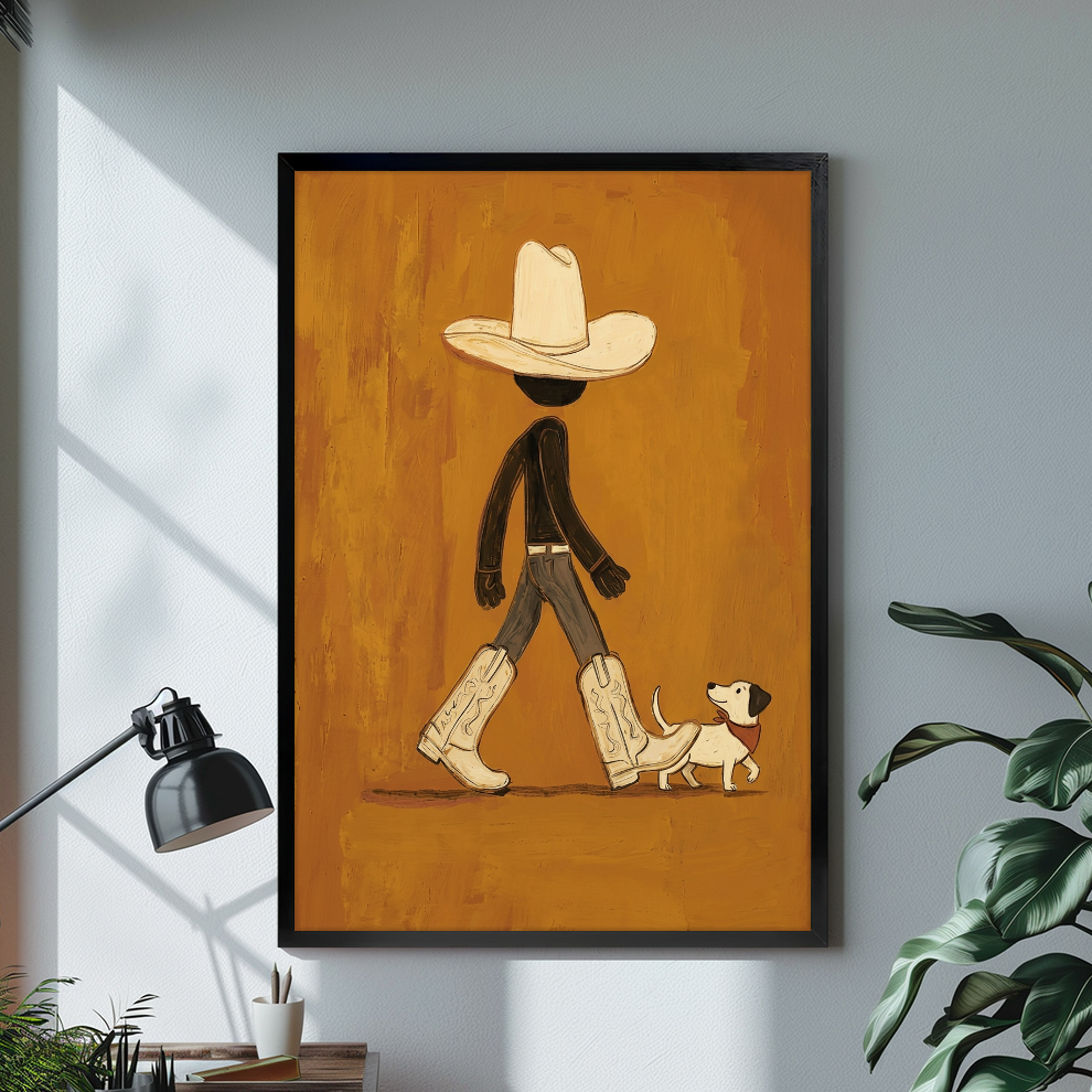 Black framed cowboy walking a small dog canvas displayed above a console in the selected room setting.