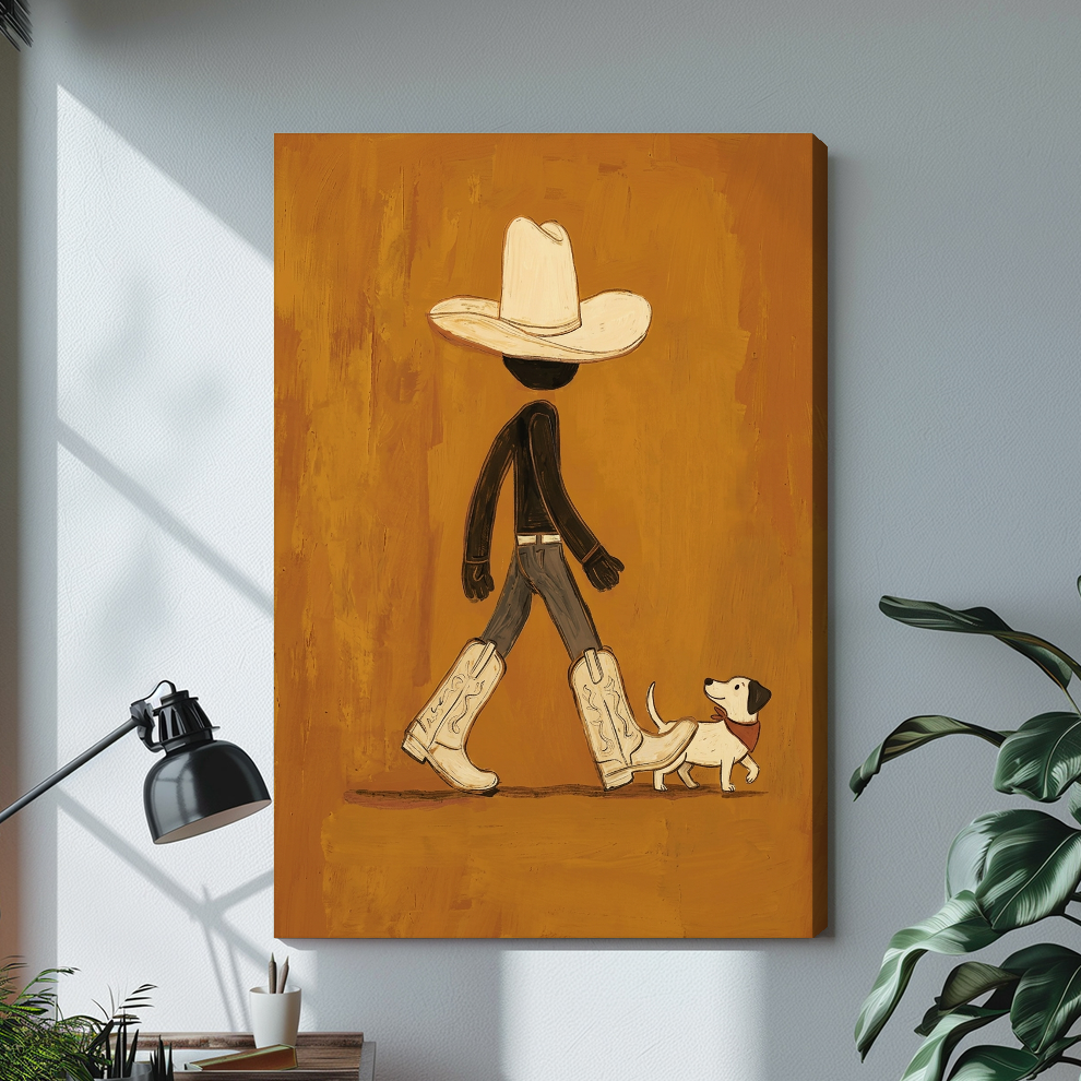 Stretched cowboy walking a small dog canvas with a visible wrapped edge in the selected room setting.