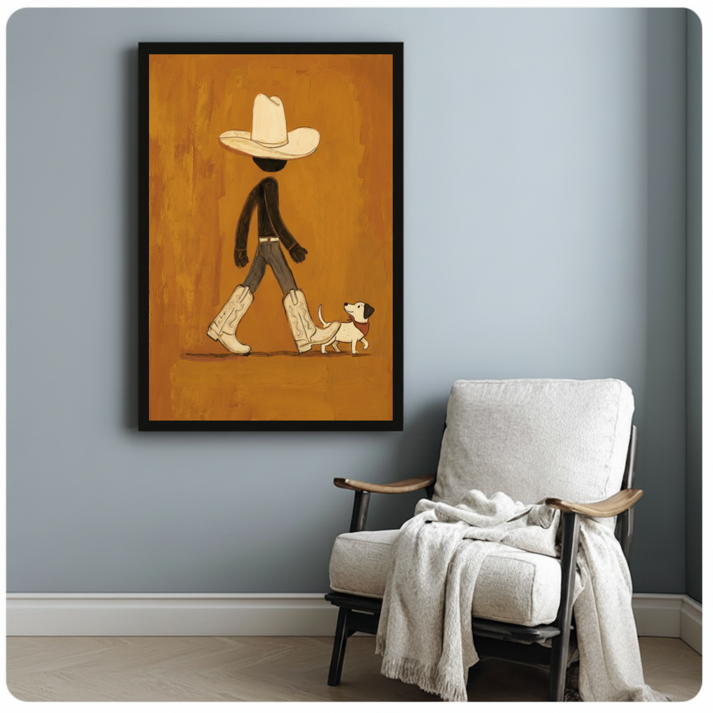 Framed cowboy walking a small dog canvas beside a pale reading chair on a blue gray wall.