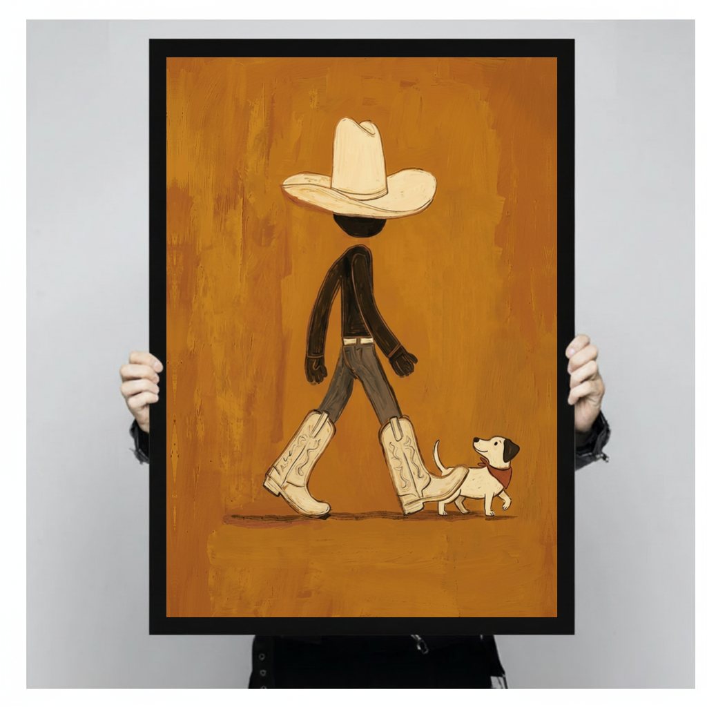 A person holds black framed cowboy walking a small dog canvas against a light neutral background.