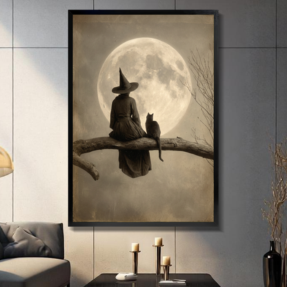 Black framed moonlit witch and cat canvas displayed above a console in the selected room setting.