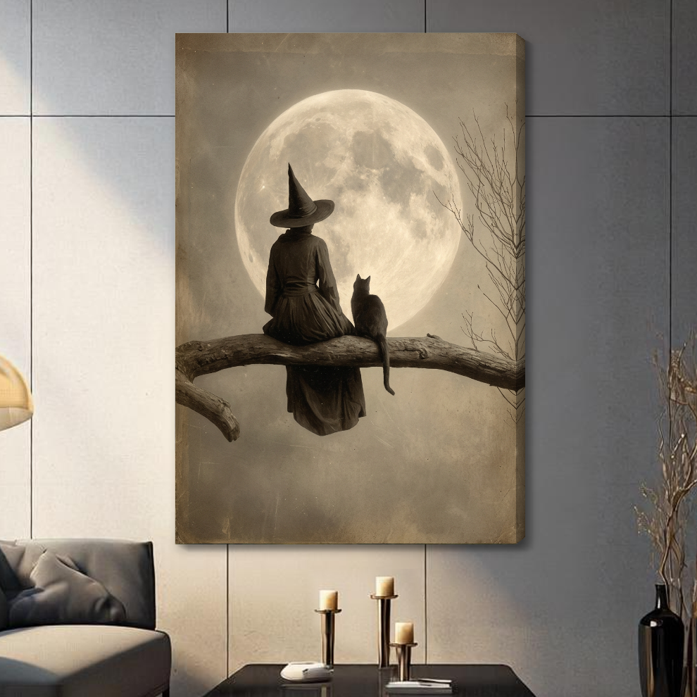 Stretched moonlit witch and cat canvas with a visible wrapped edge in the selected room setting.