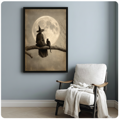 Framed moonlit witch and cat canvas beside a pale reading chair on a blue gray wall.