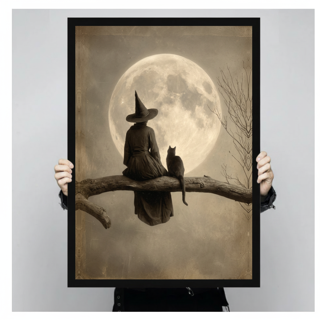 A person holds black framed moonlit witch and cat canvas against a light neutral background.