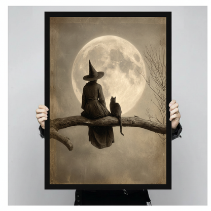 A person holds black framed moonlit witch and cat canvas against a light neutral background.