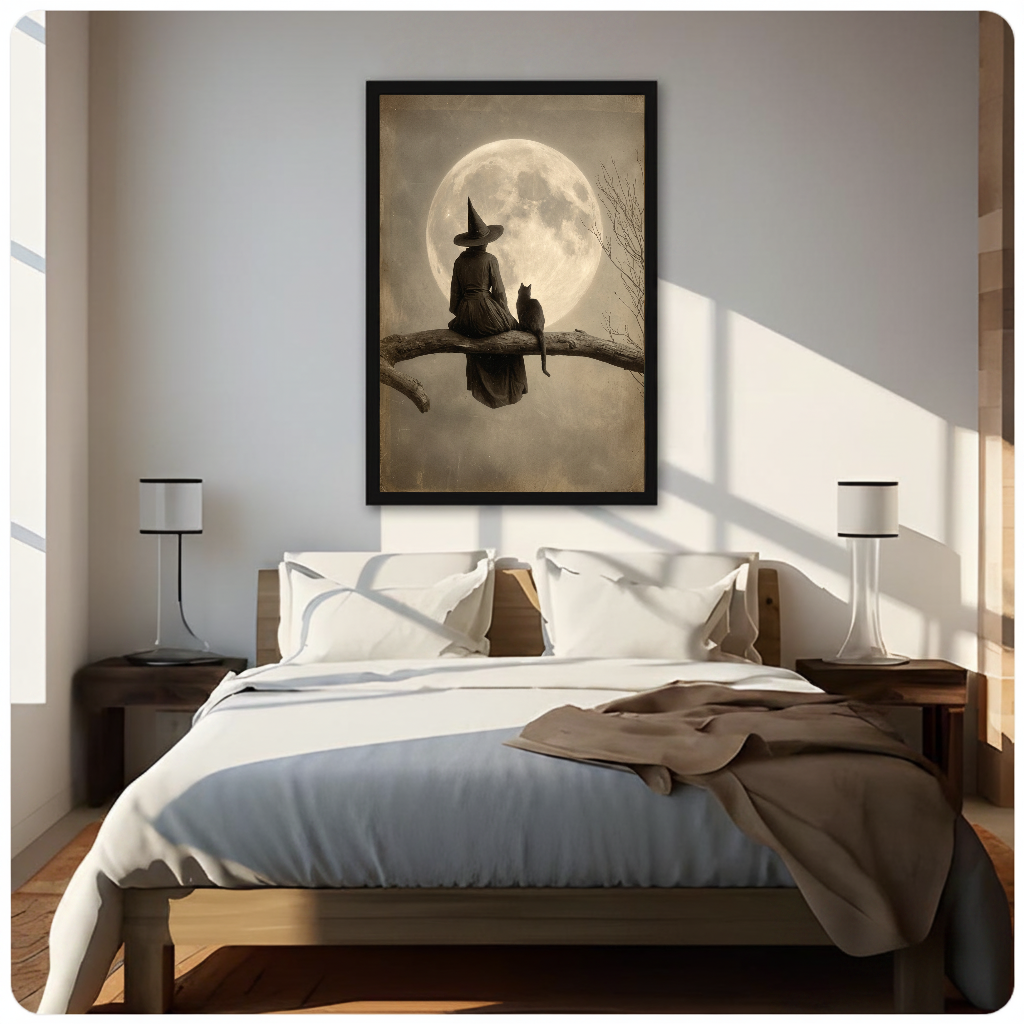 Framed moonlit witch and cat canvas above a neutral bed beside soft bedroom lighting and lamps.