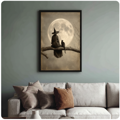 Framed moonlit witch and cat canvas above a neutral sofa with cushions against a muted wall.