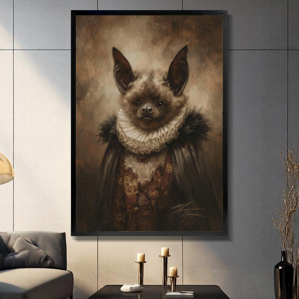 Black framed victorian bat portrait canvas displayed above a console in the selected room setting.