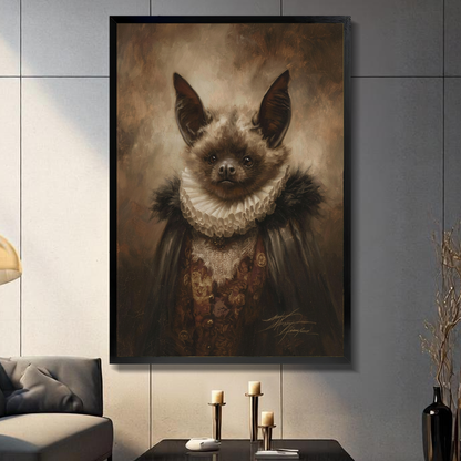 Black framed victorian bat portrait canvas displayed above a console in the selected room setting.