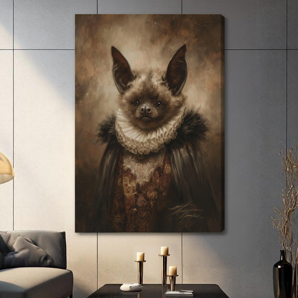 Stretched victorian bat portrait canvas with a visible wrapped edge in the selected room setting.