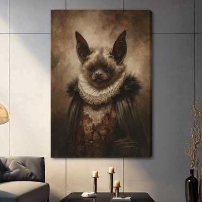 Stretched victorian bat portrait canvas with a visible wrapped edge in the selected room setting.